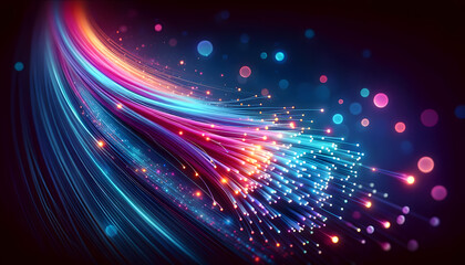 Fototapeta premium Fiber optic cable. Multicolored data streams through optical fiber. High-speed communication and data transmission.