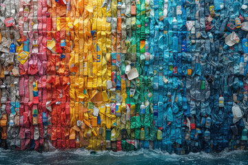 Fototapeta premium A visually striking collage of recycled materials transformed into innovative art installations, emphasizing the creativity and beauty that can emerge from waste reduction. Generative Ai.