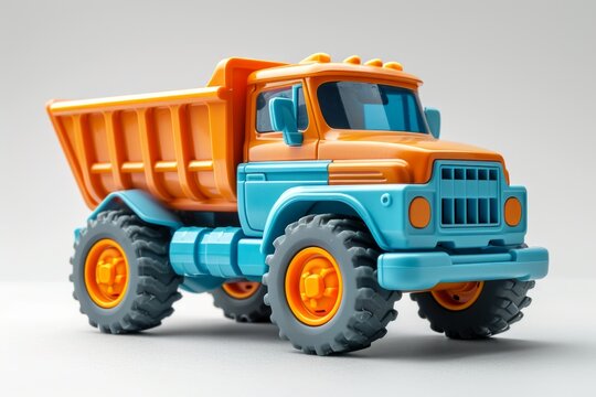 Colorful toy truck isolated on a white background. Side view. Cartoonish fantastic childrens car. Concept of kids toys, playful designs, transport-themed playthings, and bright colors.