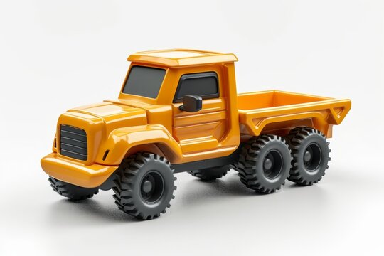 Yellow plastic toy truck isolated on a white background. Side view. Cartoonish fantastic childrens car. Concept of kids toys, playful designs, transport-themed playthings, and bright colors.