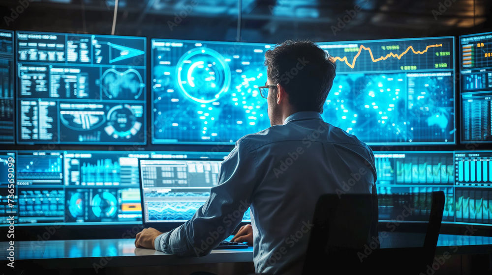 Poster network engineer monitoring data on multiple computer screens
