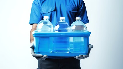 Person holding a blue crate filled with water bottles. Light background. Concept of water delivery, hydration service, bottled water distribution, and refreshment supply.