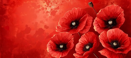 Lush poppy plantation forming abstract background on sunny summer day with vibrant red blooms.