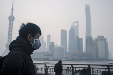 city skyline covered in smog. The smog is thick and gray, and there are people wearing masks in the background