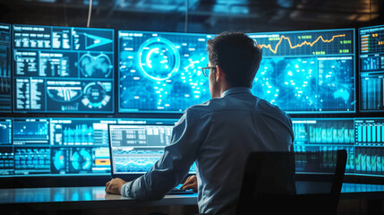 Network engineer monitoring data on multiple computer screens