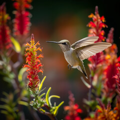 Hummingbird in Flight Amongst Vibrant Flowers