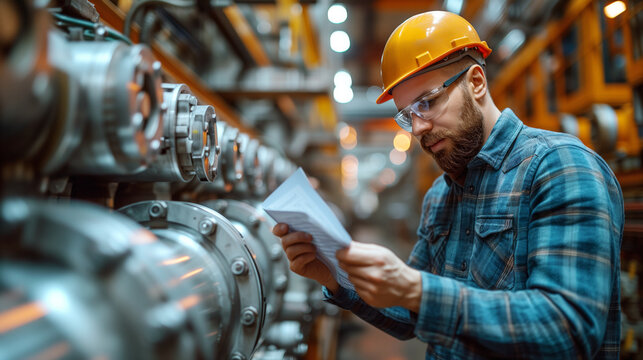 Mechanical engineer examining documents in a factory