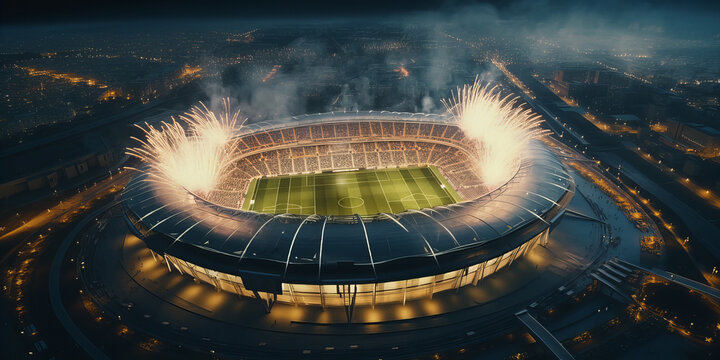 A large modern football stadium with fireworks.