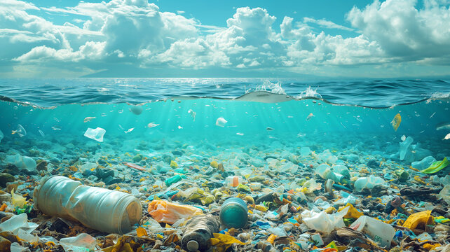 Split-level view of ocean with underwater plastic pollution