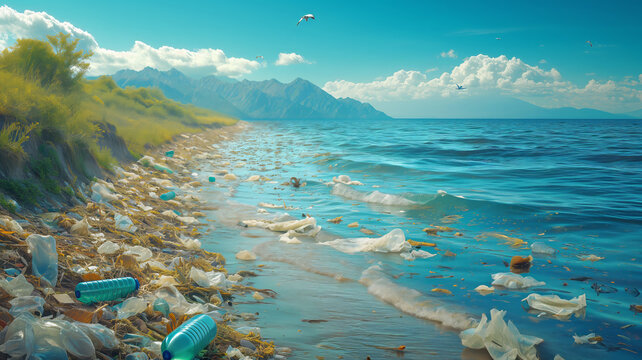 Coastline littered with plastic pollution