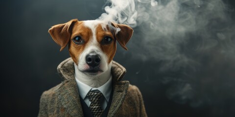 Cool dog in a suit, gangster businessman in a jacket and hat, with a cigar and smoke - obrazy, fototapety, plakaty