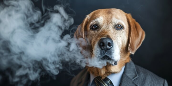 Cool dog in a suit, gangster businessman in a jacket and hat, with a cigar and smoke