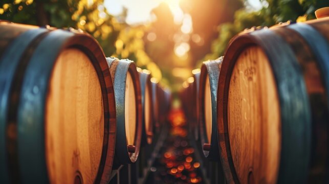 Modern wine cellar with wooden barrels for wine production in winery industry environment background