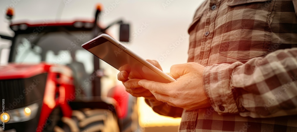 Poster farmer s hands using tablet in field, tractor and farm in blurred background with copy space.