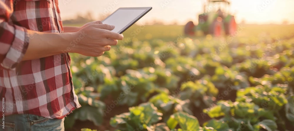 Poster farmer s hands using tablet in field with tractor and farm in background, copy space.