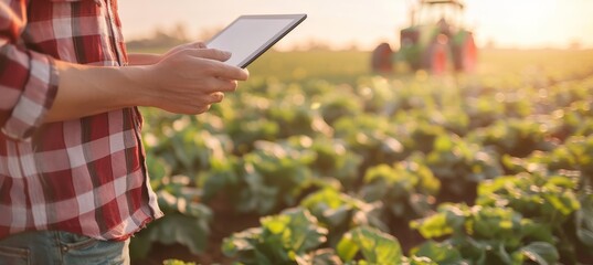 Farmer s hands using tablet in field with tractor and farm in background, copy space.