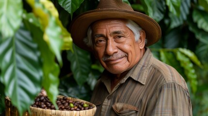 Brazilian man harvesting coffee beans in basket, ideal for coffee promotions with space for text.