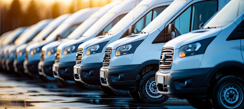 Row of brand new vans in parking lot with blurred warehouse background, space for text