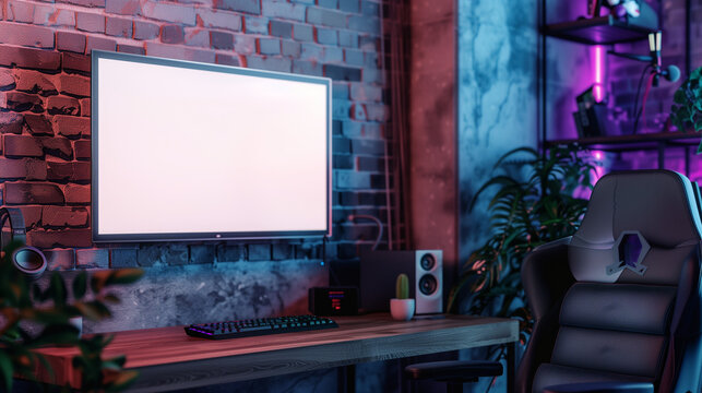 Immersive Gamer's Room Mockup: Blank Screen on Wall with Gaming Concept