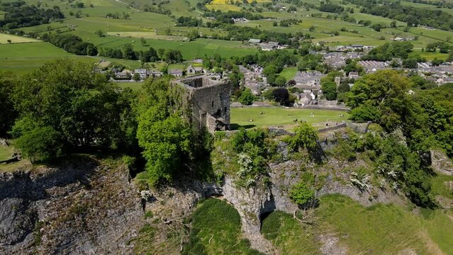 View Towards Castleton village Through The Grounds Of Peveril Castle or footage shows Castle and surrounds, Derbyshire,