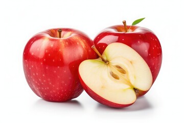 Ripe red apple fruit with apple half and green apple leaf isolated on white background. Apples and leaf with clipping path