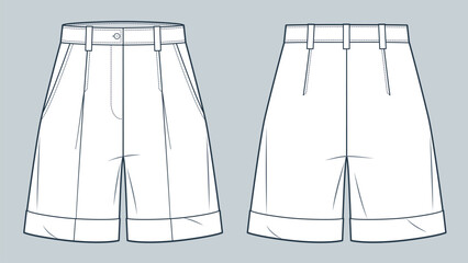 Cuff Shorts technical fashion illustration. Short Pants fashion flat technical drawing template, high waist, pockets, front and back view, white, women, men, unisex CAD mockup.