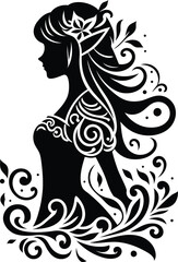 elf girl beauty silhouette, flowers ornament decoration, floral vector design. 