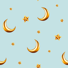 Watercolor seamless pattern with Islamic arabian golden crescent moons and stars on illustration isolated on background. Muslim golden hand drawn holiday Ramadan Kareem or Eid Al Adha 2024. F