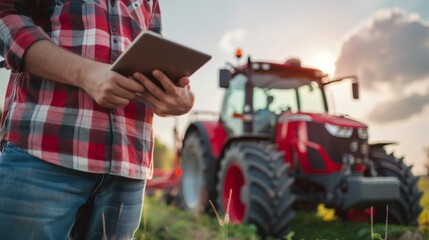 Farmer using tablet in field with tractor and farm in background, copy space available