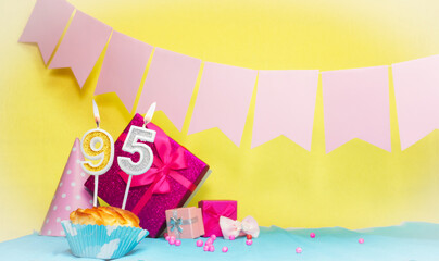Date of birth with cake and number  95. Colorful card happy birthday for a girl. Copy space....