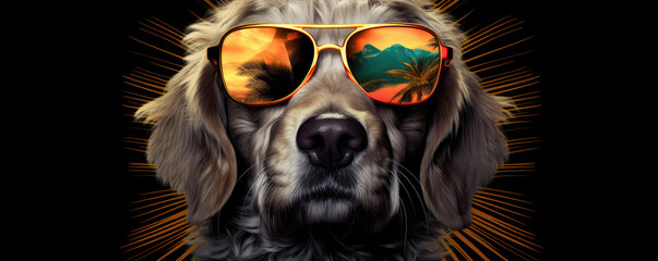 Funny dog head detail with summer sunnglases on wide backgrund.
