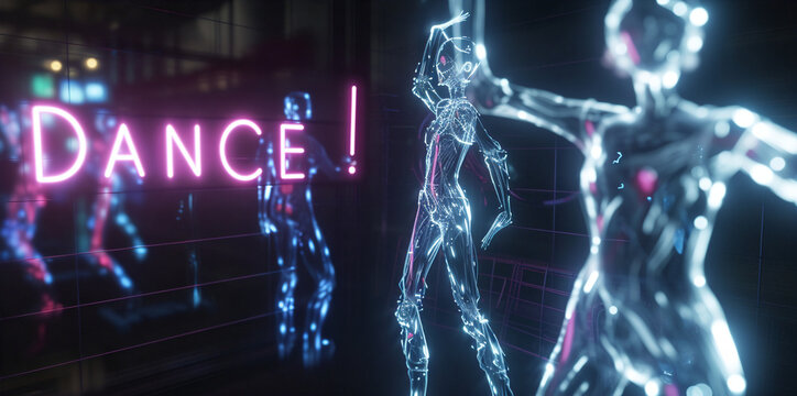  3d text "Dance" on the background with dancing holographic people. For celebration, banner, card, flyer poster, print, card, calendar, interior