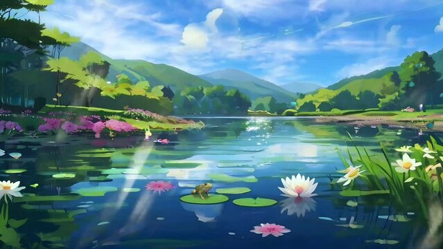 the beauty of the lake with blooming flowers