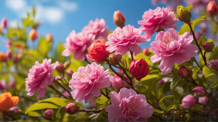 Fototapeta premium beautiful pink magenta isolated flowers, spring template, seasonal background, wallpaper, banner with copy space area