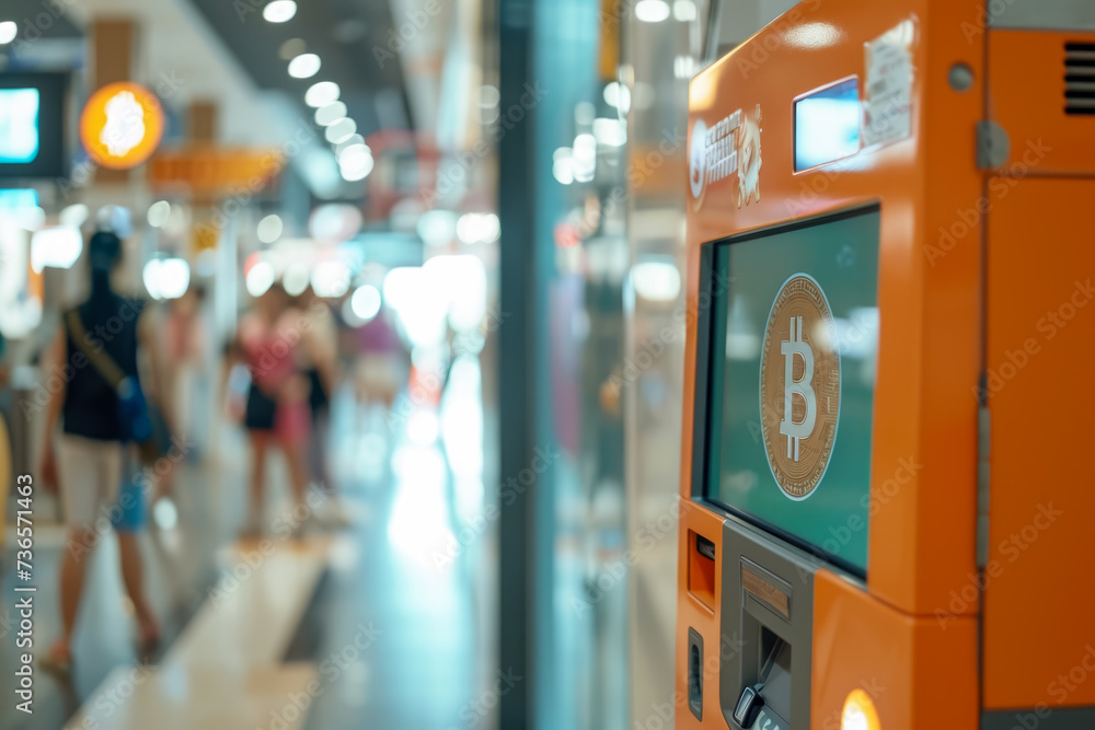 Aufkleber close-up of a cryptocurrency atm in a public place. the atm is easy to use and secure, and there are