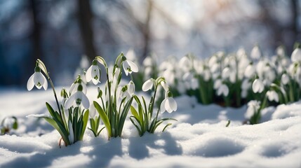 Closeup of beautiful delicate white snowdrop flower growing out of snow, harbingers of spring,...