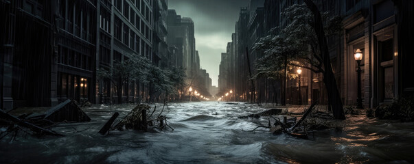 Extreme rainfall in dark city.  Flood with high water disaster. climate theme
