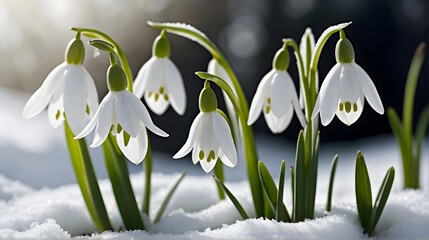 Closeup of beautiful delicate white snowdrop flower growing out of snow, harbingers of spring, seasonal template, background, banner, wallpaper 