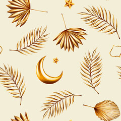 Watercolor seamless pattern with golden pampas grass, date palm branches, crescent moon, star illustration isolated on background. Botanical and wedding and Ramadan Kareem or Eid Al Adha 2024