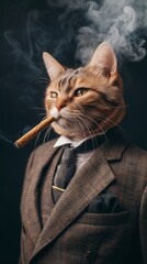 Cat in a business suit and hat, with a cigarette and smoke, professional, gangster, mafia