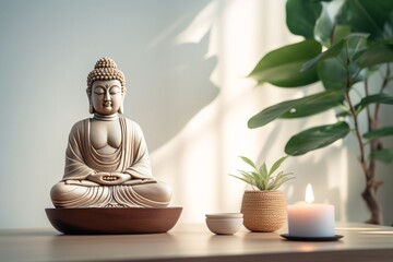 a statue of a buddha sitting in a lotus position next to a candle