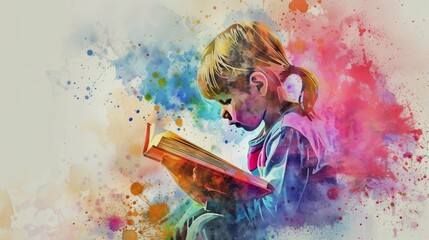 A child sits reading on a colorful paint splash, blending art and education in a vibrant composition. Ideal for themes on creativity, learning, and childhood. - obrazy, fototapety, plakaty