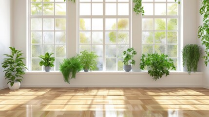 Bright room with floor-to-ceiling windows overlooking a lush garden, with potted plants on the sill. Ideal for real estate, architecture, and design.