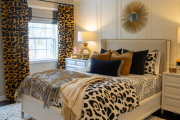 Bedroom accessories with animal print. Bed with animal patterned cushions. Generative AI