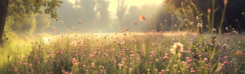 Wildflowers basking in the golden sunlight, creating a serene and beautiful natural background.