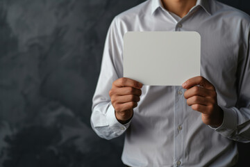 Man holds a blank white sign in hands. Generative AI