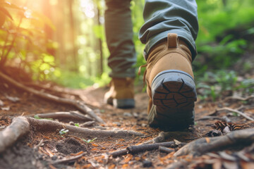 Close up of hiker feet walking outdoors in the forest. Generative AI