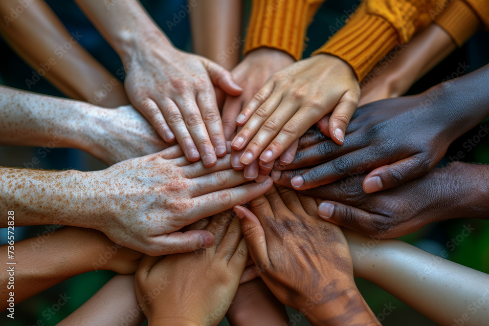 Poster a close-up of a diverse group of people joining hands, emphasizing unity and diversity. concept of s
