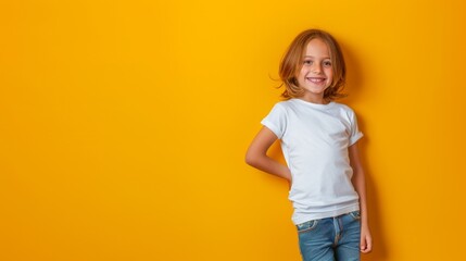 Joyful child smiling against a yellow background, perfect for children's fashion and educational content.