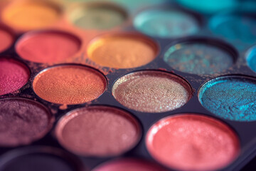 Obraz na płótnie Canvas Spring themed bright eyeshadow palette on a trendy vibrant background. Makeup cosmetics. Generative AI
